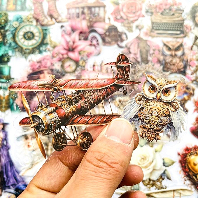 Yoksas Vintage Victorian Steampunk Stickers - 120Pcs Clear Waterproof Antique Machinery Punk Stickers for Scrapbooking, Junk Journals