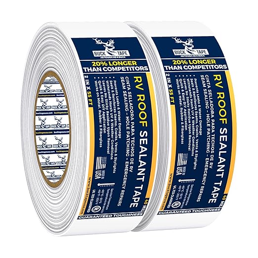 2 Pack Buck RV Roof Sealant Tape – 2 Inch x 55ft, 40 Mil – Waterproof RV Tape for Roof Repair, Seams, Skylights, Vents & Window Leaks on Camper, Trailer & Boat, UV Resistant & Weatherproof, White