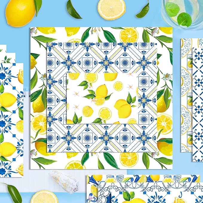 24 Sheets Lemon Scrapbook Paper Pad Double-Sided Blue Tiles Yellow Lemon Patterned Decorative Craft Paper for Card Making Photo Album Journal DIY Craft, 11.8'' x 11.8''