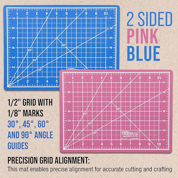 U.S. Art Supply 9" x 12" Self-Healing Cutting Mat 5-Ply - Double-Sided Pink/Blue Craft Mat, Non-Slip Cutting Mats for Crafts, Sewing, Quilting, Scrapbooking