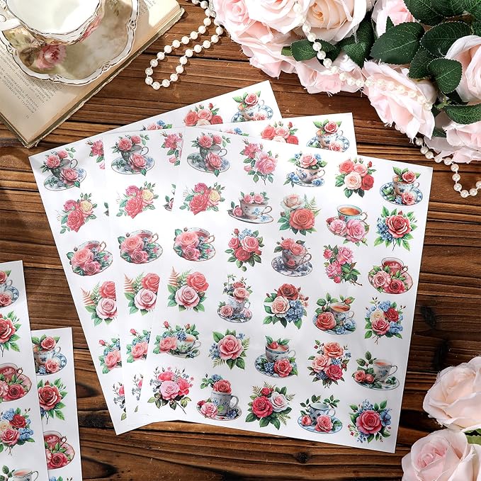 300 Pcs Rose Tea Cup Stickers Rustic Mini Teacup Stickers Tea Aesthetic Waterproof Vinyl Decals Pack for Water Bottles Scrapbooking Laptop Luggage Phone Skateboard