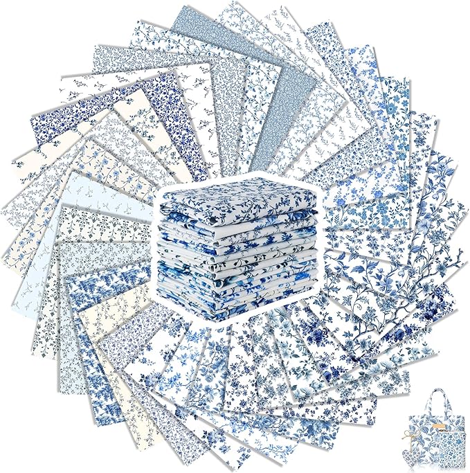 Tatuo 30 Pcs 10 x 10 Inches Blue and White Floral Cotton Fabric Quilting Bundle Squares Patchwork Floral Fabric Sewing Quilting Bundles Assorted Pattern Cloth for DIY Scrapbook Craft Making