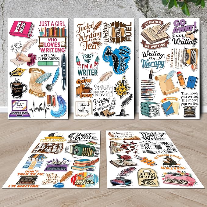 Writer Stickers 50 Pieces Writing Author Sticker Vinyl Waterproof Decal for Laptop Water Bottle Phone Car Window Stakeboard Scrapbook Gifts for Kid Teen Adult