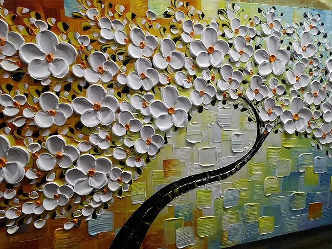 YaSheng Art -100% Hand Painted Contemporary Art 3D Whit Flowers Oil Painting On Canvas Texture Palette Knife Tree Paintings Modern Home living room Decor Art Large Abstract Canvas Art 24x60inch