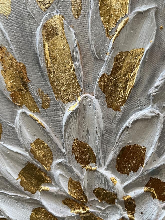 Art Hand-Painted Gold Texture Oil Painting White Flowers Modern Abstract Art Painting 45x30 inch Home Wall Decorative Art