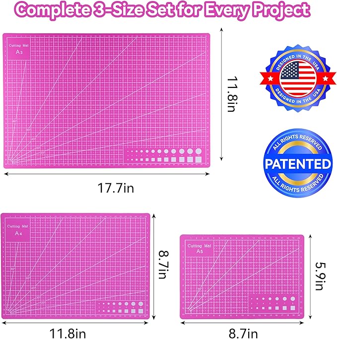 3 Pcs Self Healing Cutting Mat, Double-Sided Non-Slip Rotary Cutting Board for Rotary Cutting, Sewing, Quilting, Crafting, A3 A4 A5 Size (18x12, 12x9, 9x6 Inch), Pink