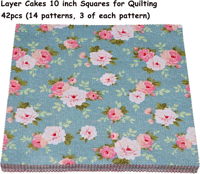 Hanjunzhao 42Pcs 10" Layer Cake Fabric - Vintage Floral Print Cotton Fabric Squares 10x10, Layer Cakes 10 inch Squares for Quilting, Sewing, Quilts, and Crafts - Retro Floral