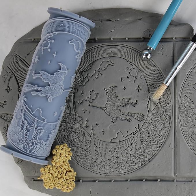 Witch Clay Texture Roller (4") - Halloween Set #01 - Embossing Pattern Roller for Polymer & Ceramic Clay, Pottery & Crafts