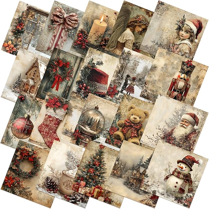 20 Pcs 10''x10'' Vintage Red Christmas Quilting Fabric Square Bundle Snowman Precuts Quiltted Fabric Santa Nutcracker Printed Patchwork Supplies for Winter Xmas Patchwork DIY Sewing Craft