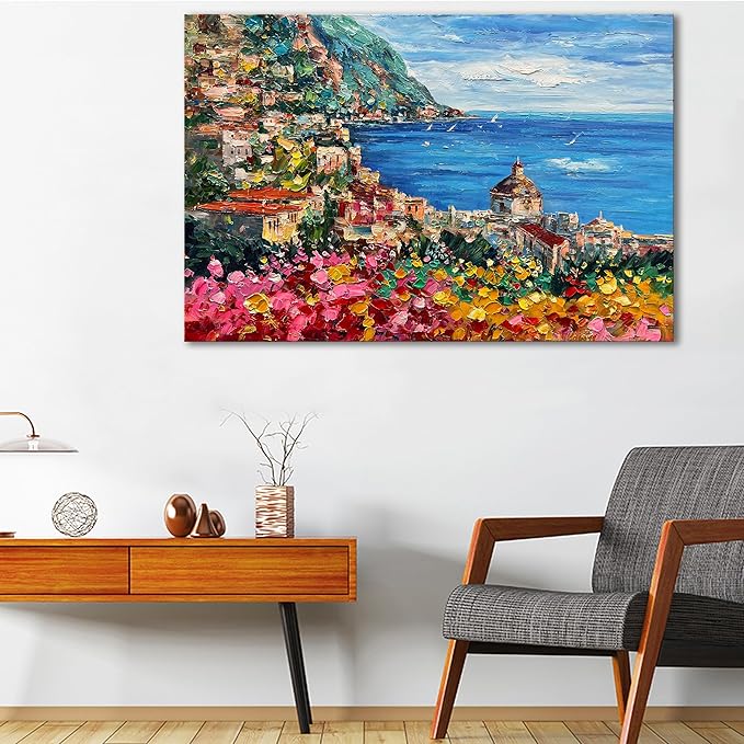 Art Hand Painted Seaside Town Landscape Oil Painting Modern Abstract Art Home Wall Deco Art 30x45 inches