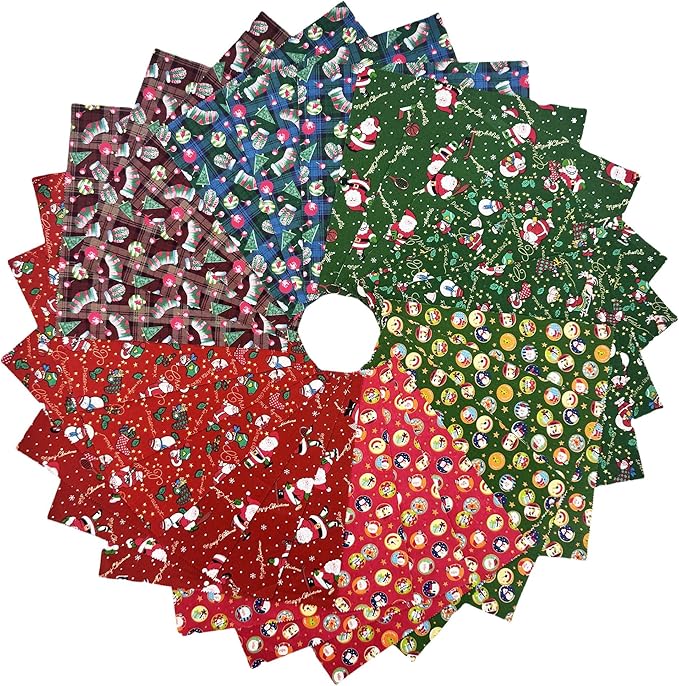 Christmas Layer Cake Fabric - 48 Pcs 10x10 Inch Precut Squares for Quilting | 100% Cotton with Festive Santa,Sock,and Tree in Red and Green(8 Patterns,6 Each)