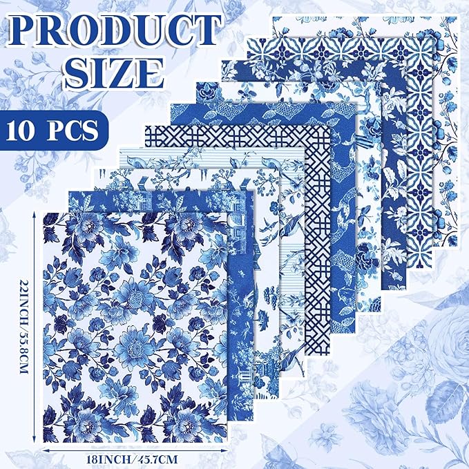 Hahafelt 10 Pcs Vintage Floral Quilting Fabric Bundles 18 x 22 Inch Blue White Porcelain Flower Fat Quarters Chinoiserie Precut Quilting Patchwork for DIY Sewing DIY Craft Decor