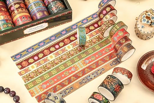 20 Rolls Chinese Style Washi Tape Set, Ancient Palace Pattern Decorative Masking Tapes with Gold Foil, Oriental for Craft, Scrapbook, DIY, Gift Wrapping (32-Azure Brocade Clouds)