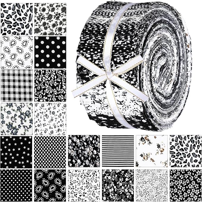 Ganeen 200 Pcs Christmas Fabric Patchwork Roll Quilting Fabric Roll up Quilting Strips 2.5 Inch Precut Patchwork for Craft Sewing DIY Crafts (Black White)