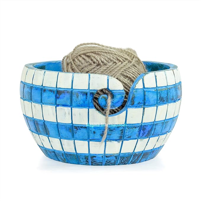 Exquisite Premium Yarn Ball Storage Bowls | Hand Painted Lovely Decor Yet Functional Yarn Dispenser (Large (7 x 4 x 7 Inches), Atlantic Blue)
