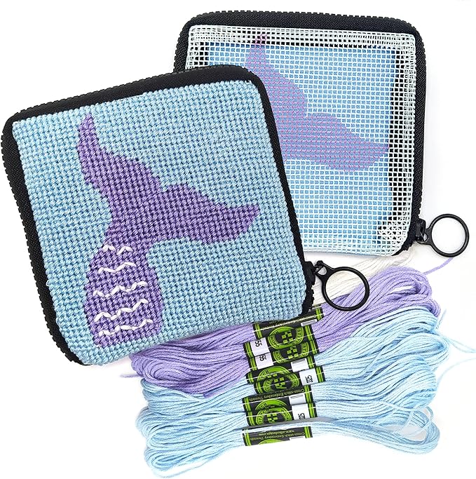 Pre Printed Needlepoint Wallet Kit for Kids Embroidery Arts and Crafts Set Cross Stitch Sewing Kit (Mermaid)