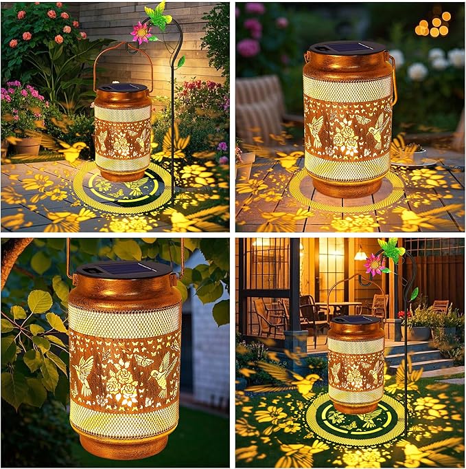 Hummingbird Solar Lanterns Outdoor Waterproof with Shepherd Hook, Birthday Gifts for Christmas Women Mom Grandma, Metal Solar Hanging Lights Garden Decor for Outside Yard Patio Pathway Porch