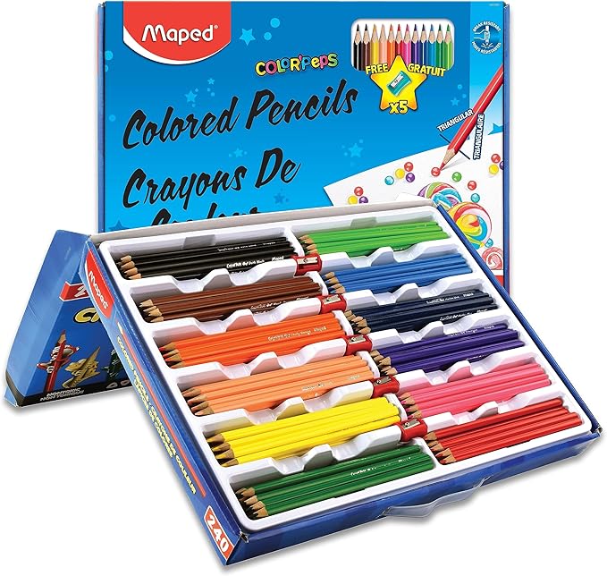 Maped - Color'Peps Triangular Colored Pencils School Pack - 240 Pack + 5 FREE Pencil Sharpeners - Vibrant Colors