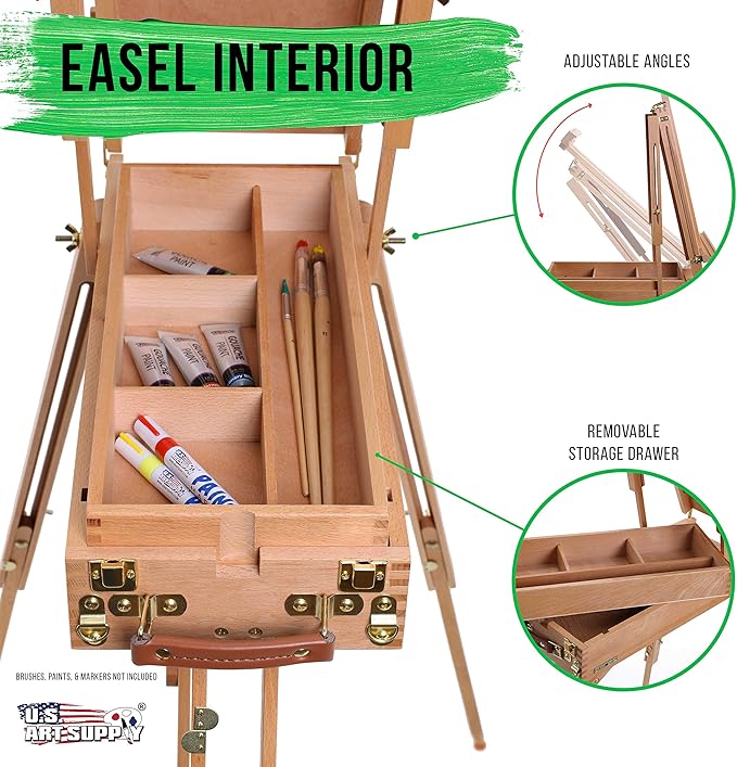 U.S. Art Supply Coronado Small Wooden French Style Field & Studio Sketchbox Easel - Art Easel for Adults, Drawer, Palette - Adjustable Wood Tripod Stand, Portable Artist Table for Painting, Sketching