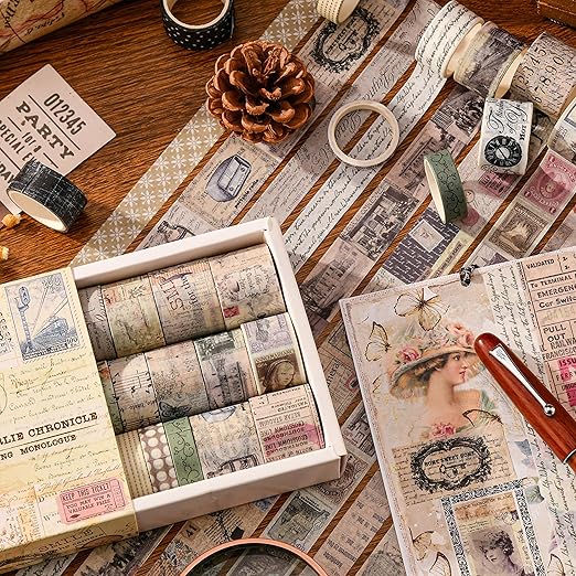 20 Rolls Vintage Washi Tape Set Retro Arts Adhesive Tapes Fleeting Monologue Decorative Masking Tape Sets for Craft, Kids, Scrapbook, DIY, Gift Wrapping (Charlie Chronicle)