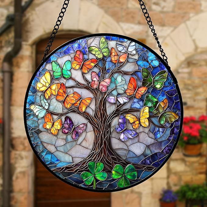 Stained Glass Window Hanging, Butterfly Tree Clover Sun Catchers Glass Panel Blue Suncatcher Decor for Birthday for Women, Men, Wife, Aunt, and Mom 6.3 in