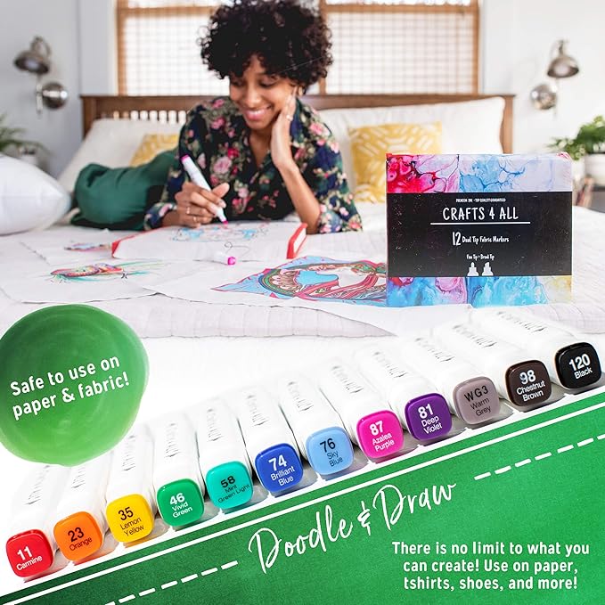 Crafts 4 All Fabric Markers for Clothes - Pack of 12 No Fade, Dual Tip Permanent Fabric Pens - No Bleed, Machine Washable Shoe Markers for Fabric Decorating - Laundry Marker, Erases Stains Easily