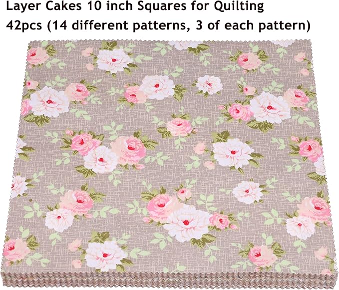 Hanjunzhao 42Pcs 10" Layer Cake Fabric - Vintage Brown Print Cotton Fabric Squares 10x10, Layer Cakes 10 inch Squares for Quilting, Sewing, Quilts, Bags, and Crafts - Light Coffee