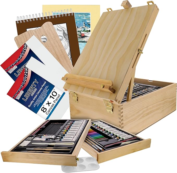 U.S. Art Supply 95 Piece Wood Box Easel Painting Set - Oil, Acrylic, Watercolor Paint Colors and Painting Brushes, Oil Artist Pastels, Pencils - Watercolor, Sketch Paper Pads - Canvas, Palette, Knifes