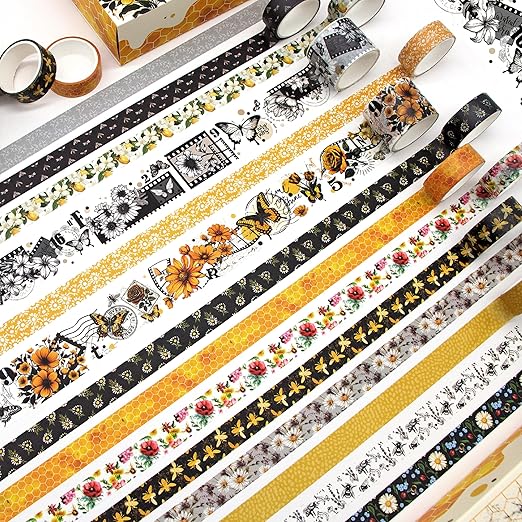 Vintage Bee & Floral Decorative Washi Tape Set - 14 Rolls Retro Honeycomb, Blossom Design craft tape Pack for Journaling, Scrapbooking,Junk Journal, Bullet Journaling , 2 Sizes Decorative Masking Tape
