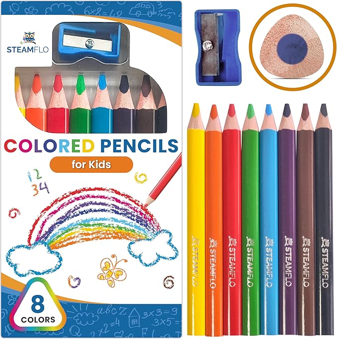 Colored Pencils for Toddlers 3-4 Years – Kids Pencils for Beginners, Toddlers and Preschoolers, Jumbo Triangle Shape for Easy Grip, Thick Colored Core for Easy Coloring and Less Breakage (8 Pack)