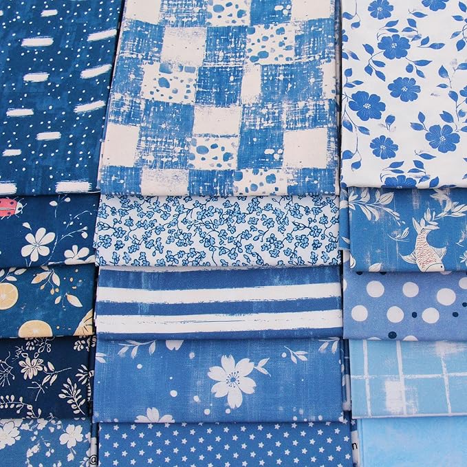 Threadart Exclusive 20 Fat Quarter Bundles - Blue Vintage Prints 100% Cotton Fabric - Premium 100% Cotton Quilting Fabric - No Duplicates - Full Size Fat Quarters 18"x21" - Blue