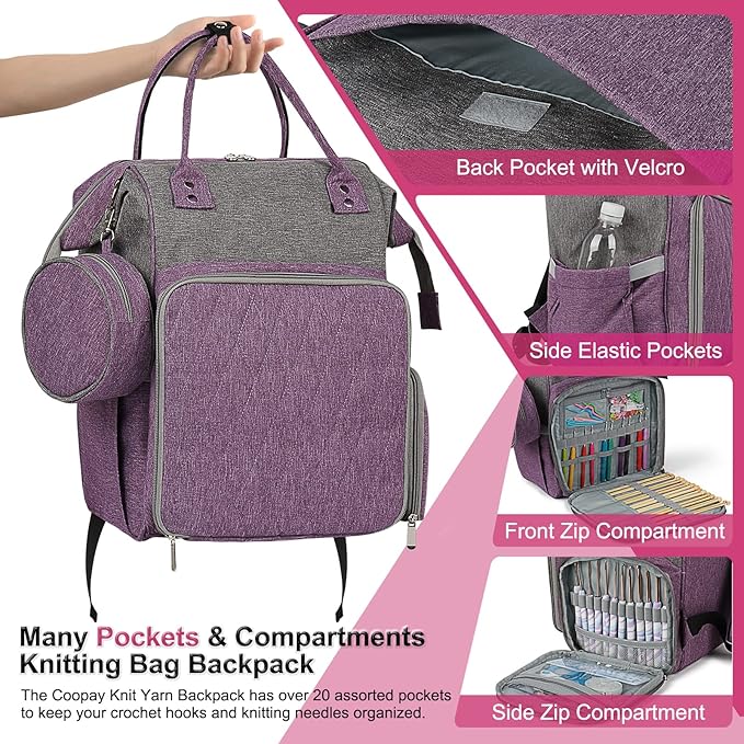 Coopay Knitting & Crochet Bag - Large Yarn Storage Backpack, Portable Organizer for Knitting Needles, Crochet Hooks & Supplies