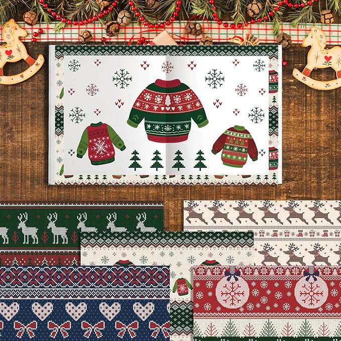 24 Sheets Christmas Scrapbook Paper 12'' × 12'' Double-Sided Xmas Red Green Blue Pattern Paper Decorative Art Cardstock for Holiday DIY Crafts Card Making Scrapbook Supplies