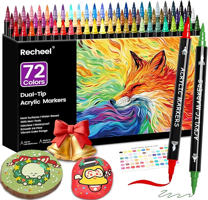 72 Colors Acrylic Paint Markers, Dual Tip with Fine Tip and Brush Tip Pens for Stone, Wood, Canvas, Glass, Ceramic, Metal, Rock, Fabric, DIY Art Projects