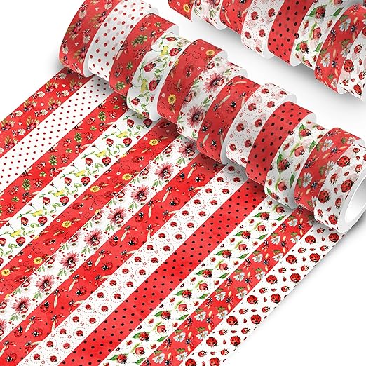 12 Pcs Ladybug Washi Tape Ladybug Masking Tape Decorations Decorative Paper Sticker for Insect Flower Reel Party DIY Craft Gift Wrapping Handbook Stickers