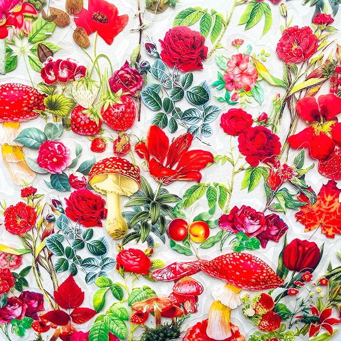 100 PCS Red Botanical Flower Stickers – Vintage Clear Scrapbooking Stickers for Journaling, Bullet Diary, Resin Crafts, Planner, Card Making – Aesthetic Red Floral Mushroom Fruit