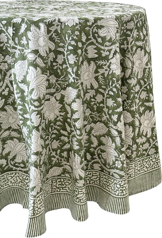 ATOSII Noori Green 100% Cotton Round Tablecloth, Handblock Print Floral Table Cloth for Kitchen Dining Linen I Parties, Weddings, Outdoors I Summer Home Decor 90" Inches Round