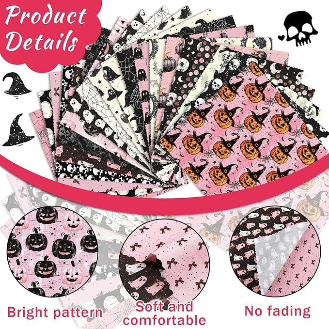 Ganeen 60 Pcs 10 x 10 Inch Pink Gothic Quilting Fabric Squares Spooky Pink Ghost Fat Patchwork Precut Strips Retro Pumpkin Skull Fabric Bundles for Christmas Halloween DIY Craft Sewing Quilt Material