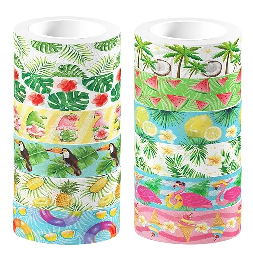 Adirasenotek Hawaiian Washi Tape 12 Rolls Flamingo Lemon Watermelon Aloha Masking Tape Hawaiian Theme Decorative Paper Stickers Tape Sticker,for DIY Crafts and Scrapbooking