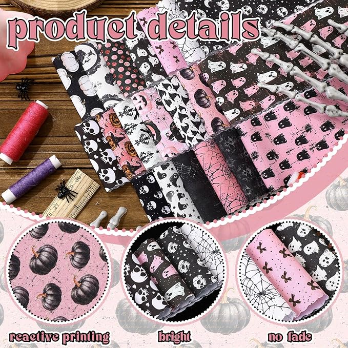 Ganeen 100 Pcs Pink Gothic Christmas Quilting Fabric Roll Retro Ghost Pumpkin 2.56 Inch Fabric Squares Jelly Patchwork Precut Strips Bundles for Halloween Materials Craft DIY Sewing Cloths