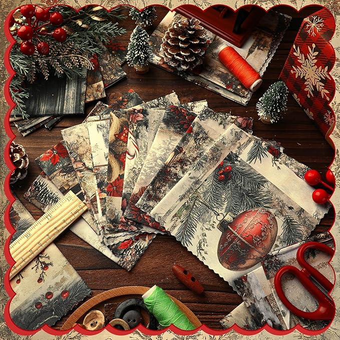 20 Pcs 10''x10'' Vintage Red Christmas Quilting Fabric Square Bundle Snowman Precuts Quiltted Fabric Santa Nutcracker Printed Patchwork Supplies for Winter Xmas Patchwork DIY Sewing Craft