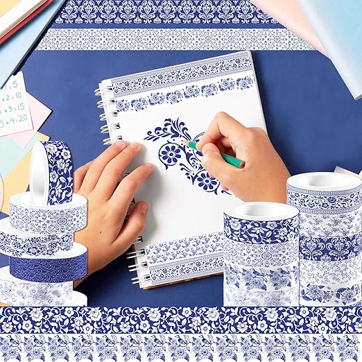 12 Pcs Blue and White Porcelain Washi Tape Set Chinoiserie Patterned Masking Tape Porcelain Pattern Decorative Paper Sticker for Scrapbook DIY Craft Gift Wrapping Handbook Sticker