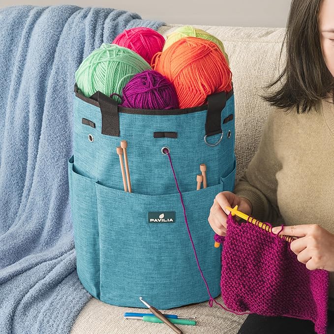 PAVILIA Crochet Bag Knitting Bag Organizer, Yarn Bag Storage Tote for Crocheting On The Go, Knitting Accessories Supplies Holder with Grommets, Gift for Crochet Lovers Knitters (Turquoise Blue)
