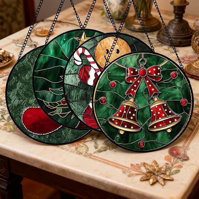 Stained Glass Window Hanging 4 Pcs Set Red Christmas Stockings and Gingerbread Large 11.8" - Suncatcher Door Garden Sun Catcher Decor Birthday Mother's Day Xmas Gifts for Mom Woman Nana Men