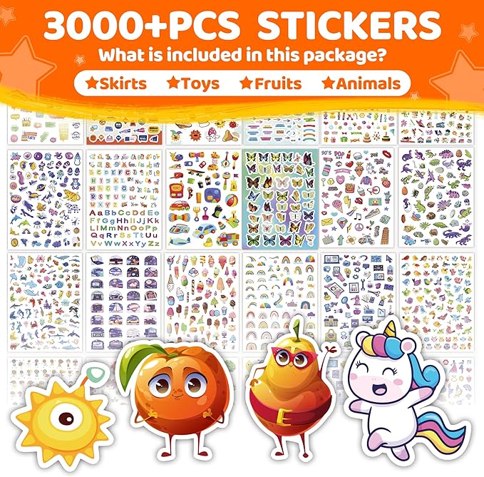 Stickers for Kids, Dcuminkel 3000+ Cute Stickers, 48 Sheets Super Colorful Stickers for Kids, Students, Teachers, Adults, Teens.Great Gift forTeens’s Birthday, Christmas Halloween or Holiday.