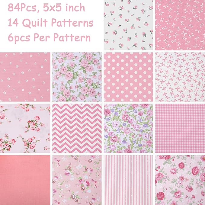 84 Pcs Pink Cotton Fabric Quilt Squares 5x5, Charm Packs for Quilting 5 inch, 5" Charm Squares for Quilting, Sewing, Patchwork, Birthday Valentine's Party Decor, and Crafts - Pink