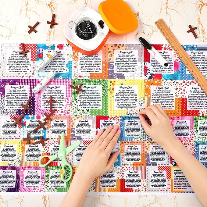 Pocket Prayer Quilt Panel Squares with Small Wooden Crosses Mini Scripture Pocket Prayer Quilt for Friend Family Religious Spiritual Gift Easter Reward Gift(Vivid1,Burlywood)