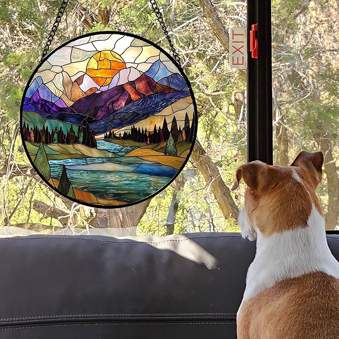 Stained Glass Window Hanging, Blue Lake Golden Sun Abstract Mountains Landscape Suncatcher for Doors Window Home Sun Catchers Decor Mother's Day Birthday Gifts for Women Men Mom 7.8 in