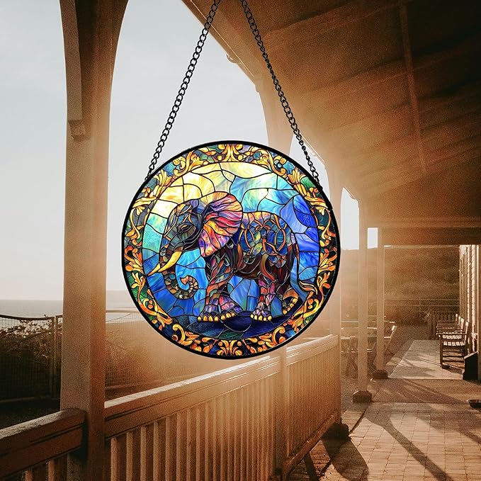 Stained Glass Window Hanging - Blue Elephant Suncatcher for Door Terrace Garden Home Decor, Yellow Retro Sun Catcher Birthday Gifts for Lovers Women Men Dad Mom Nana 15 in