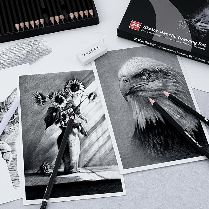 24PCS Professional Sketch Pencil Set – 5H to 14B Pencils, Charcoal Pencils, Art Supplies Kit with Erasers, Sharpener, Knife – Ideal Gift for Artists, Students, Kids, Beginners